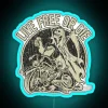 alt="rgb neon sign displaying 'Live Free Or Die' slogan from 1982, vintage neon blue design.