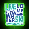 Live Love Water Ski neon sign with RGB lighting effect in green.