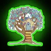 neon sign with rgb glowing text reading 'live simply love trees', colorful light display on dark background.