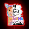 A colorful llama neon sign with Valentine’s Day puns in vibrant RGB colors, featuring a red background.