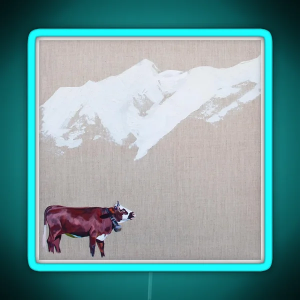 Lone Cow With Snowy Peaks Square RGB Neon Sign