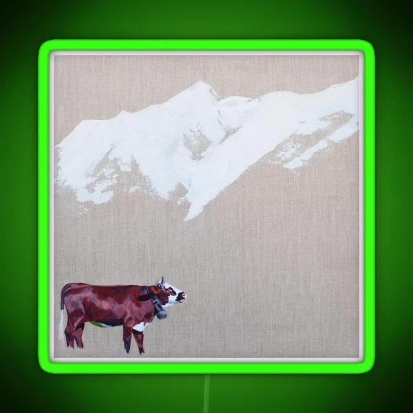 Lone Cow With Snowy Peaks Square RGB Neon Sign