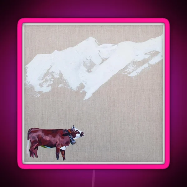 Lone Cow With Snowy Peaks Square RGB Neon Sign