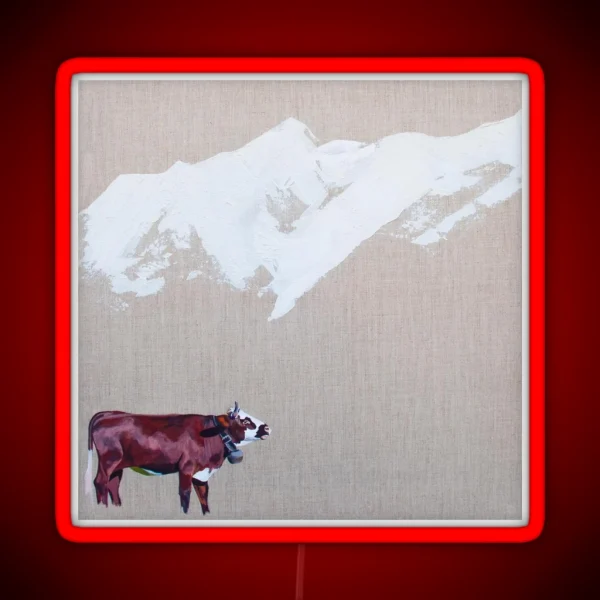 Lone Cow With Snowy Peaks Square RGB Neon Sign