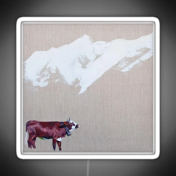 Lone Cow With Snowy Peaks Square RGB Neon Sign