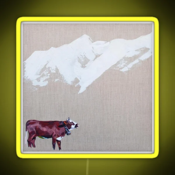 Lone Cow With Snowy Peaks Square RGB Neon Sign