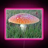 Lonely fly agaric mushroom on an RGB neon sign with pink glow.