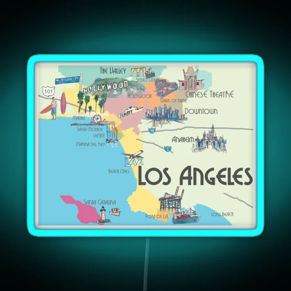 Los Angeles California Clean Iconic City Map RGB Neon Sign
