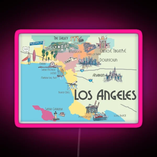 Los Angeles California Clean Iconic City Map RGB Neon Sign