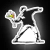 Banksy's iconic flower thrower graffiti, colorful RGB neon sign art.