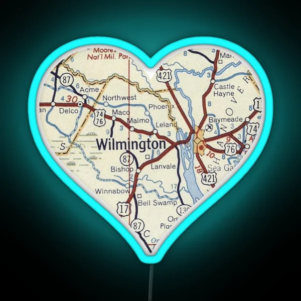 Love Wilmington NC Vintage Map RGB Neon Sign
