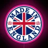 RGB neon sign with Made in England text in vibrant pink.