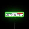 Neon sign displaying 'Made in Italy' with Italian flag RGB colors.