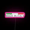 Neon 'Made in Italy' sign featuring Italian flag elements with RGB lighting effects, available in pink.