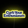 Neon sign displaying 'Curb Your Enthusiasm' with vibrant RGB colors and a yellow glow.