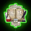 RGB neon sign displaying 'Knowledge is Power' with a mage theme in vibrant green.
