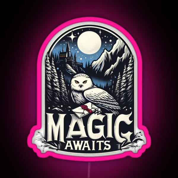 Magic Awaits Snowy Owl With An Envelope In A Mystical RGB Neon Sign