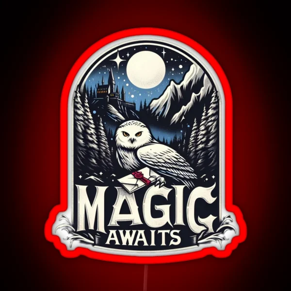 Magic Awaits Snowy Owl With An Envelope In A Mystical RGB Neon Sign