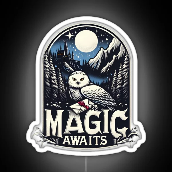 Magic Awaits Snowy Owl With An Envelope In A Mystical RGB Neon Sign