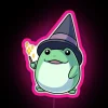 A vibrant neon sign featuring a magic frog with RGB lighting in pink.