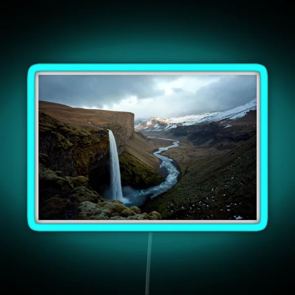 Majestic Waterfall In Iceland With Snowy RGB Neon Sign