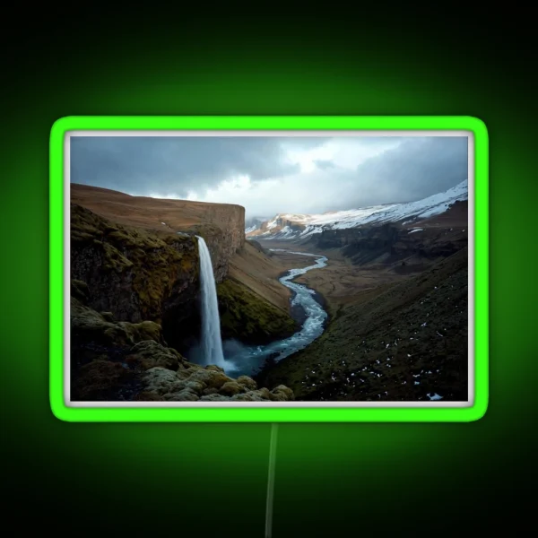 Majestic Waterfall In Iceland With Snowy RGB Neon Sign
