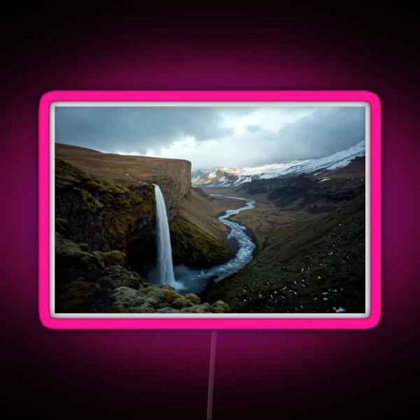 Majestic Waterfall In Iceland With Snowy RGB Neon Sign