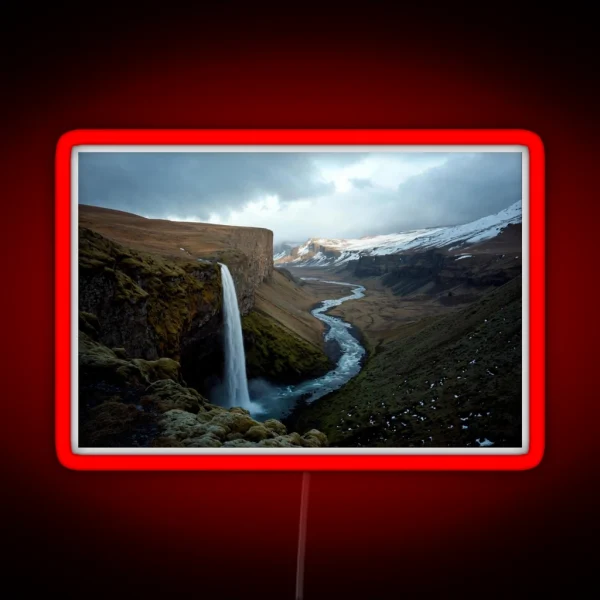Majestic Waterfall In Iceland With Snowy RGB Neon Sign