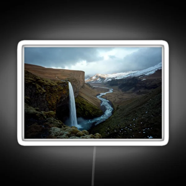 Majestic Waterfall In Iceland With Snowy RGB Neon Sign