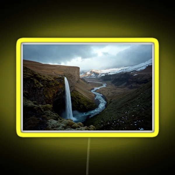 Majestic Waterfall In Iceland With Snowy RGB Neon Sign
