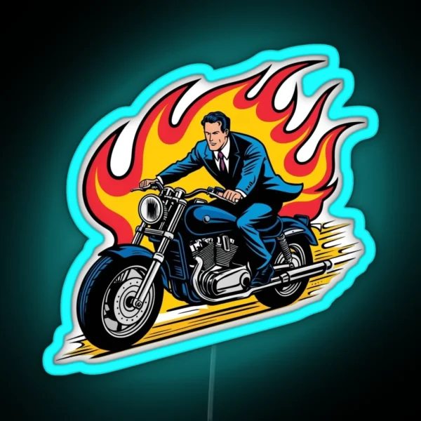 Man On Motorbike In Fire RGB Neon Sign