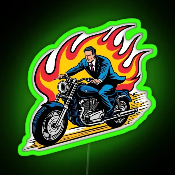 Man On Motorbike In Fire RGB Neon Sign