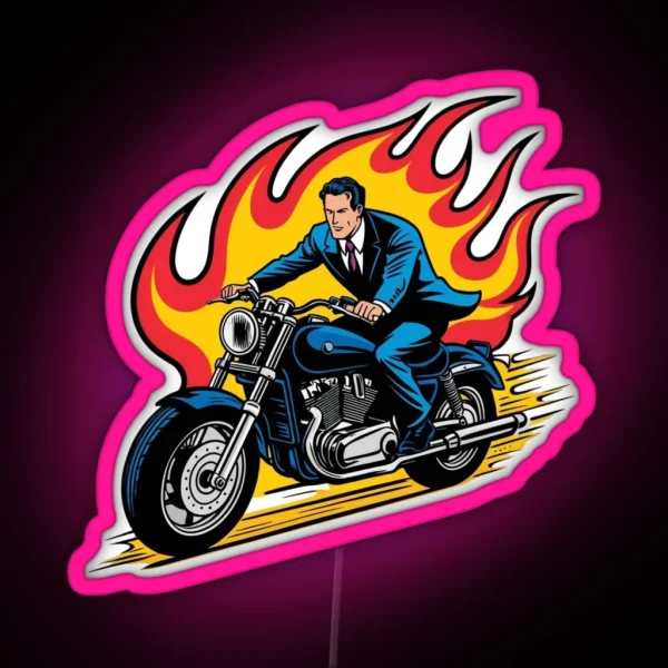 Man On Motorbike In Fire RGB Neon Sign