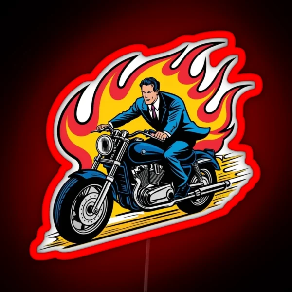 Man On Motorbike In Fire RGB Neon Sign