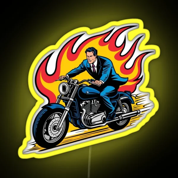 Man On Motorbike In Fire RGB Neon Sign