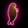 A manatee enjoying cold brew coffee under an RGB neon sign with pink lighting.