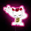 A vibrant Maneki Neko in a Dandadan style, Turbo Granny edition, enjoying music under an eye-catching RGB neon sign in sha...