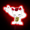 vibrant maneki-neko design featuring turbo granny listening to music with an rgb neon sign in red color scheme - digital a...
