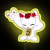 A vibrant neon sign featuring a Turbo Granny Maneki Neko listening to music with RGB neon yellow lighting.