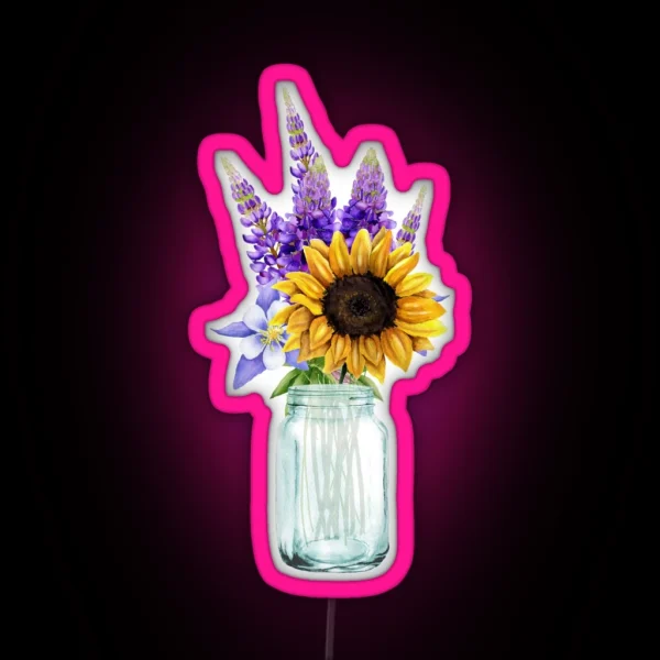 Mason Jar With A Bouquet Of Lavender And RGB Neon Sign