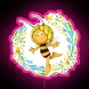 MAYA THE BEE AND HER BEST FRIEND SMILING AND FLYING WITH A NEON RGB SIGN - VIBRANT HAPPY ADVENTURES