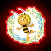 Maya the Bee and her best friend enjoying great adventures, smiling and flying under a vibrant electronic RGB neon sign.
