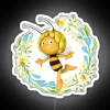 Maya the Bee and her best friend having adventures, smiling, flying with a neon RGB electronic sign.