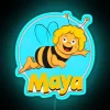 Maya the Bee and her best friend enjoying adventures - vintage RGB neon sign design with a blue color scheme.