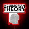 A vibrant RGB neon sign displaying 'McLemorian Theories' in bold red lighting.