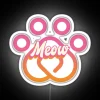 meow neon sign with rgb lighting effects, white letters on a dark background