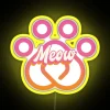 alt="neon sign displaying meow in rgb colors on a yellow background