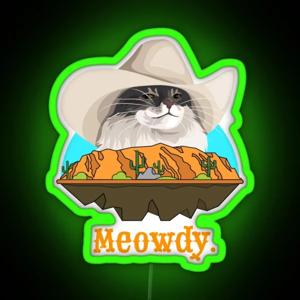Meowdy Texas Cat Cowboy Meme Funny Internet Illustration RGB Neon Sign