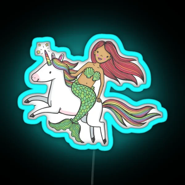 Mermaid Riding Unicorn Cute Magical Creature RGB Neon Sign