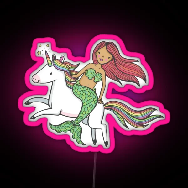 Mermaid Riding Unicorn Cute Magical Creature RGB Neon Sign